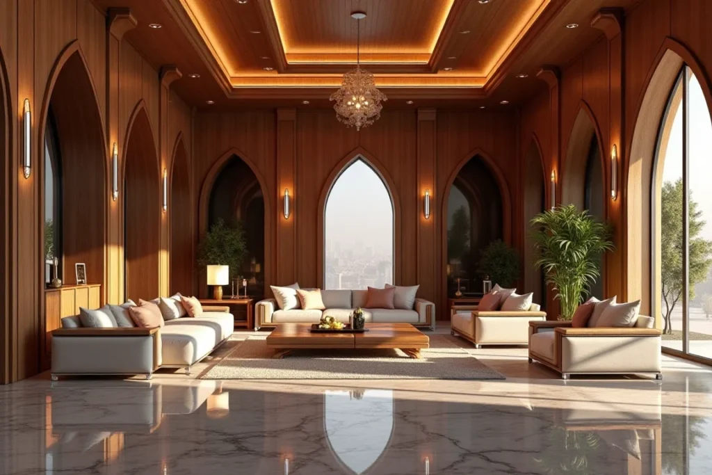 صورة لمجلس فاخر في مدينة الخبر، مع تصميم عصري يجمع بين الخشب والأحجار، وإضاءة دافئة تعكس الجو الأنيق.